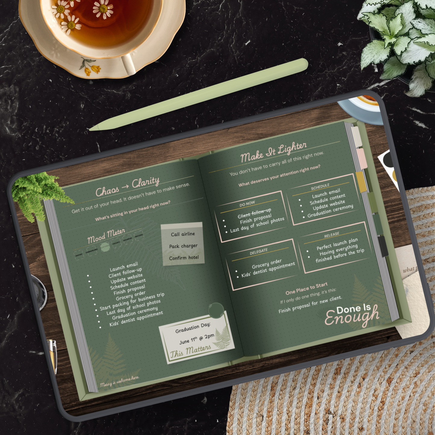 Completed example of the Chaos to Clarity page spread from Business Ritual Reset — Leaf & Latch LLC