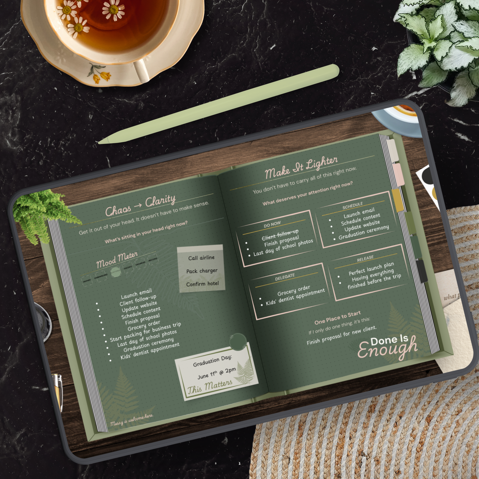 Completed example of the Chaos to Clarity page spread from Business Ritual Reset — Leaf & Latch LLC