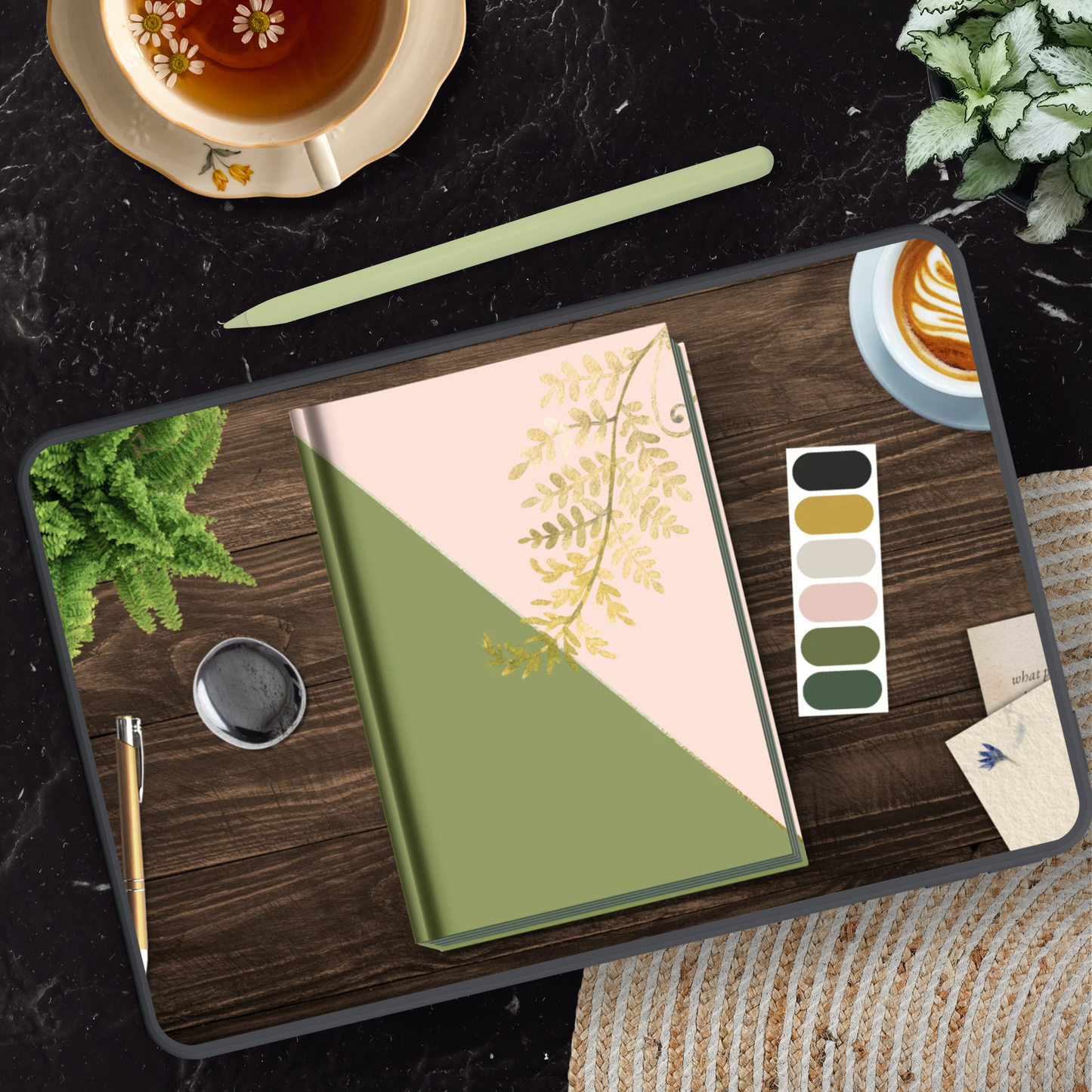 Business Ritual Reset digital ritual journal cover displayed on tablet with color palette and coffee — Leaf & Latch LLC