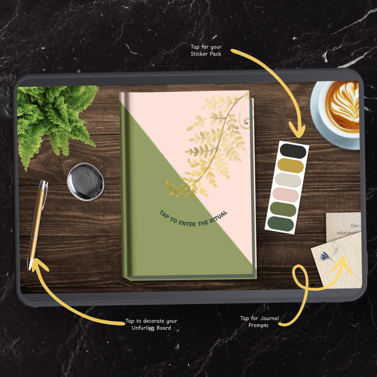 Interactive cover guide for Business Ritual Reset showing tap points for sticker pack, journal prompts, and Unfurling Board