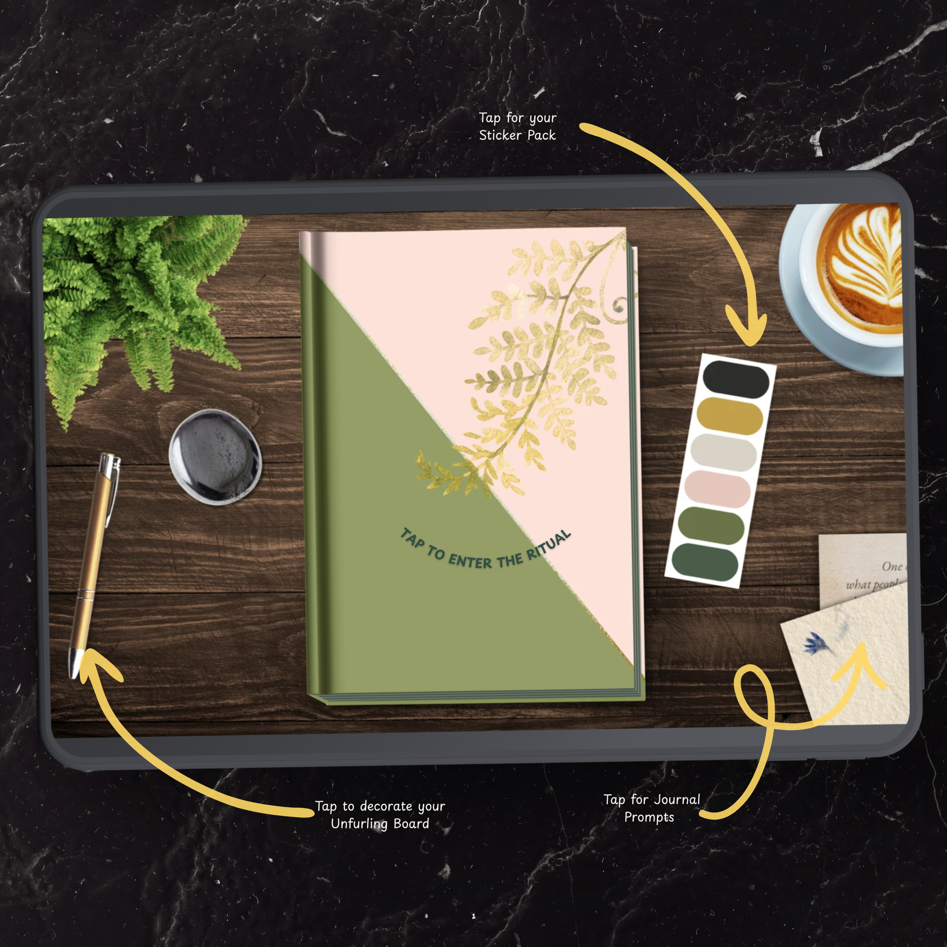 Interactive cover guide for Business Ritual Reset showing tap points for sticker pack, journal prompts, and Unfurling Board