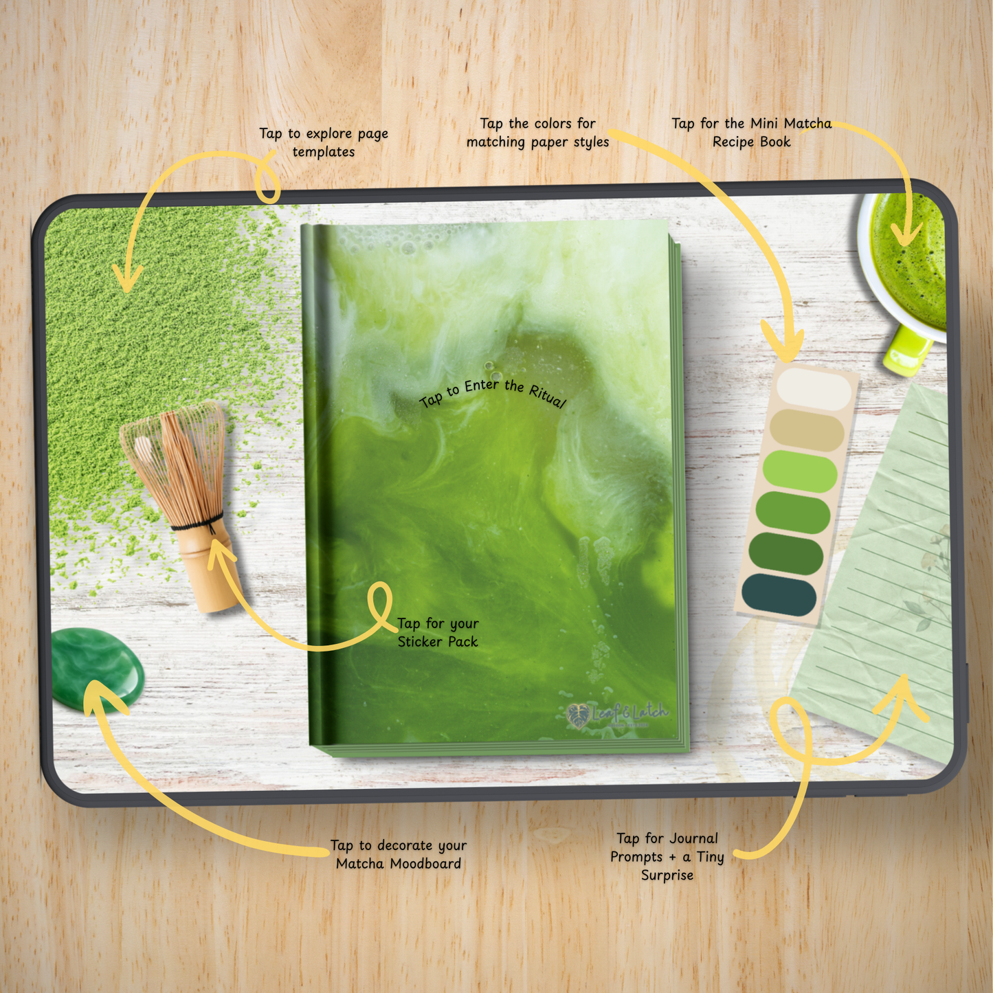 Matcha Madness Luxe Journal – Hyperlinked Digital Journal for iPad & Tablet (300+ Stickers + Recipe Book Included) - Stick This Sticker Co LLC