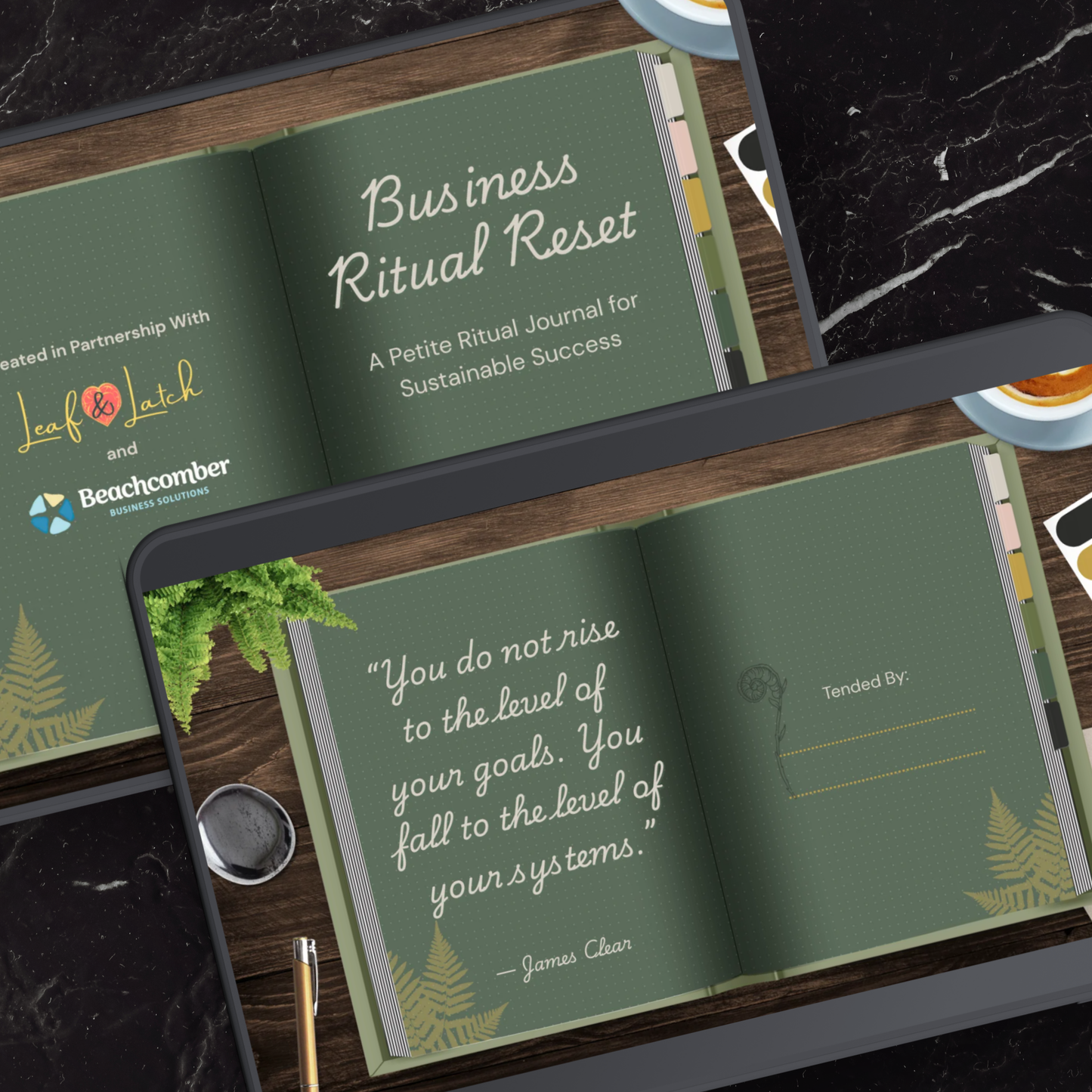 Business Ritual Reset title page and "Tended By" ownership page inside the digital ritual journal