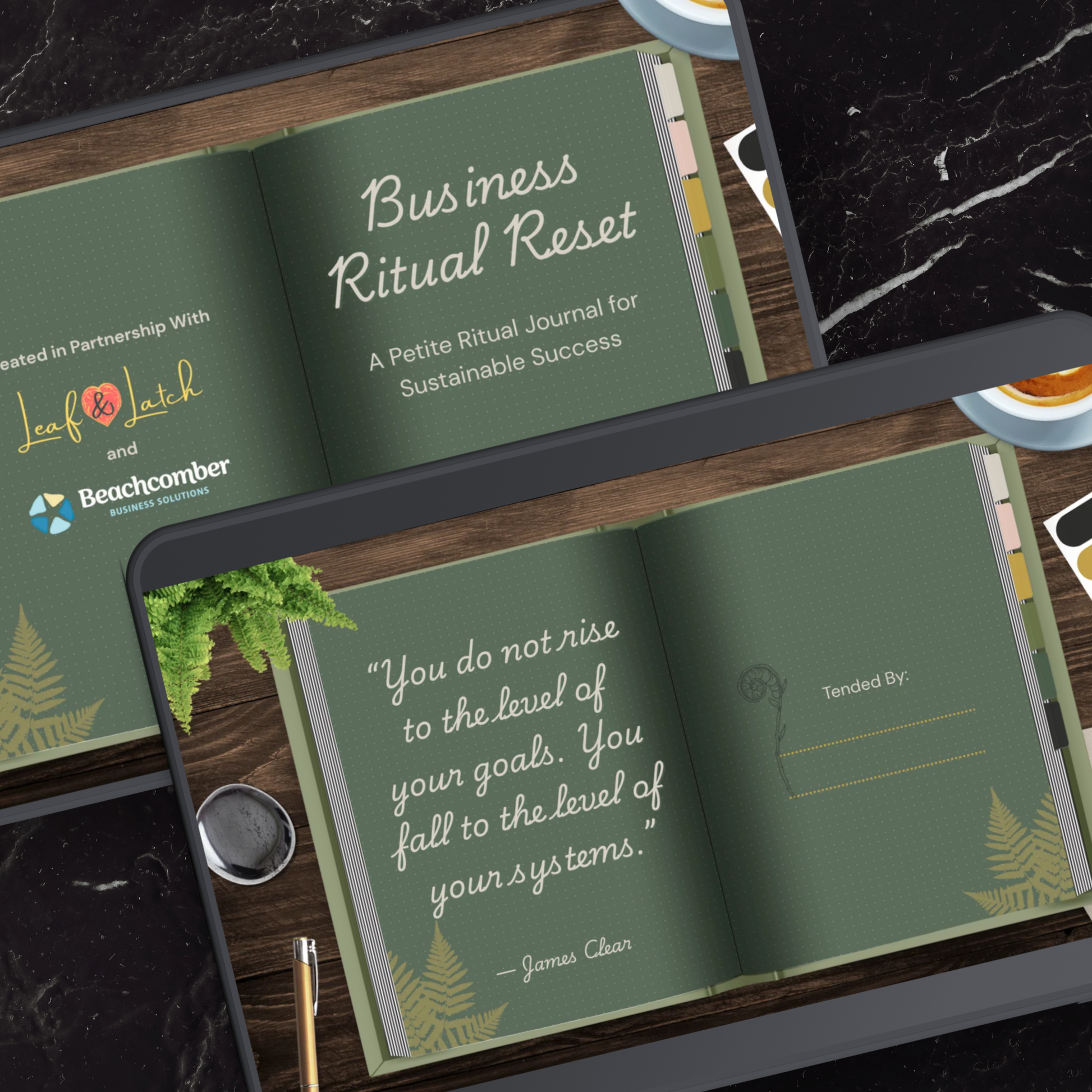 Business Ritual Reset title page and "Tended By" ownership page inside the digital ritual journal