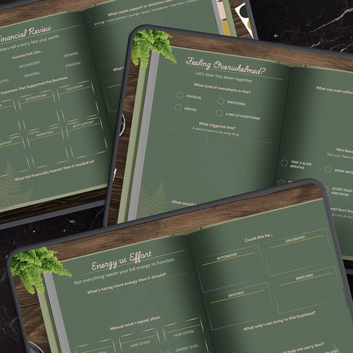 Financial Review, Feeling Overwhelmed, and Energy vs Effort worksheet spreads in Business Ritual Reset
