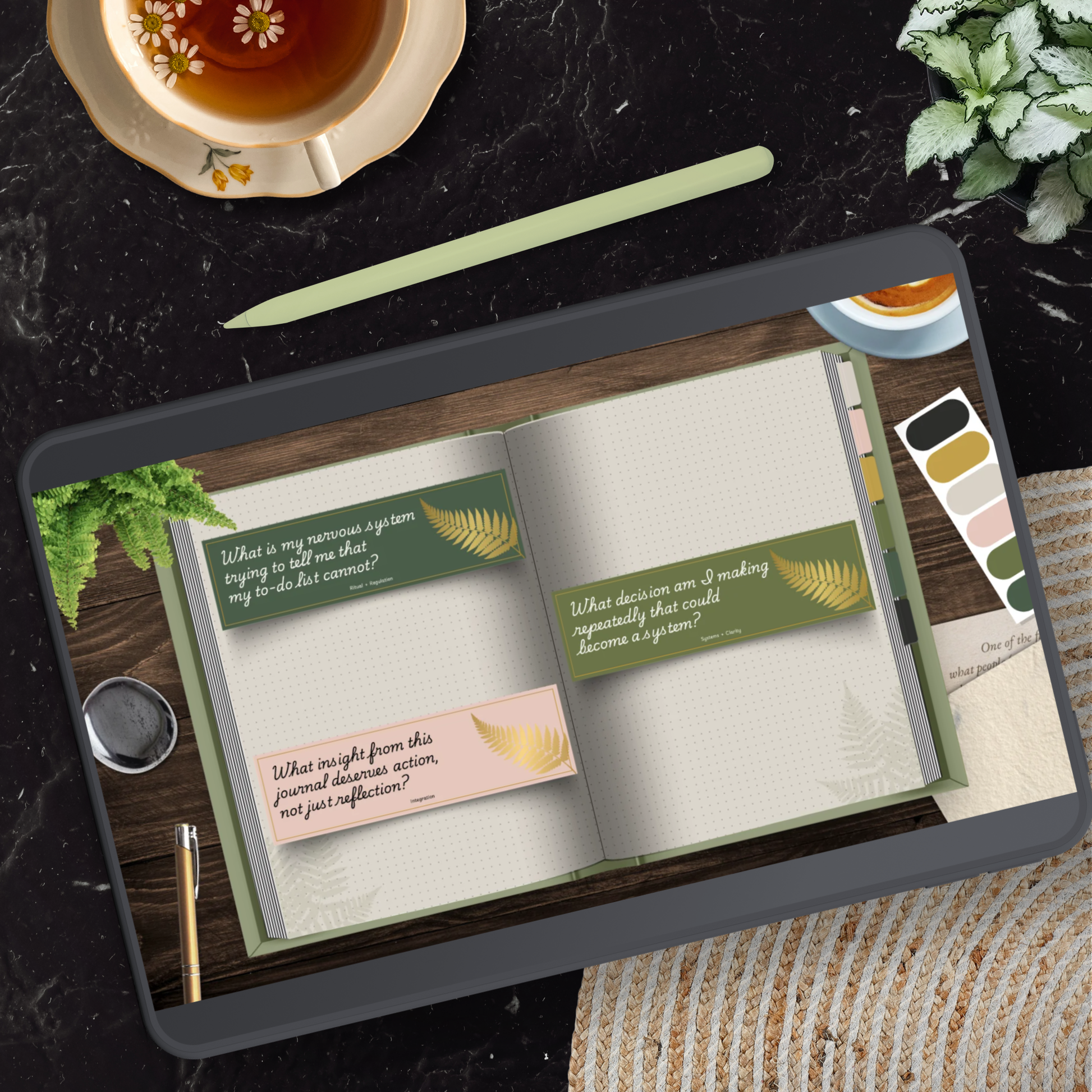 Journal prompt stickers placed on a blank page inside the Business Ritual Reset digital journal